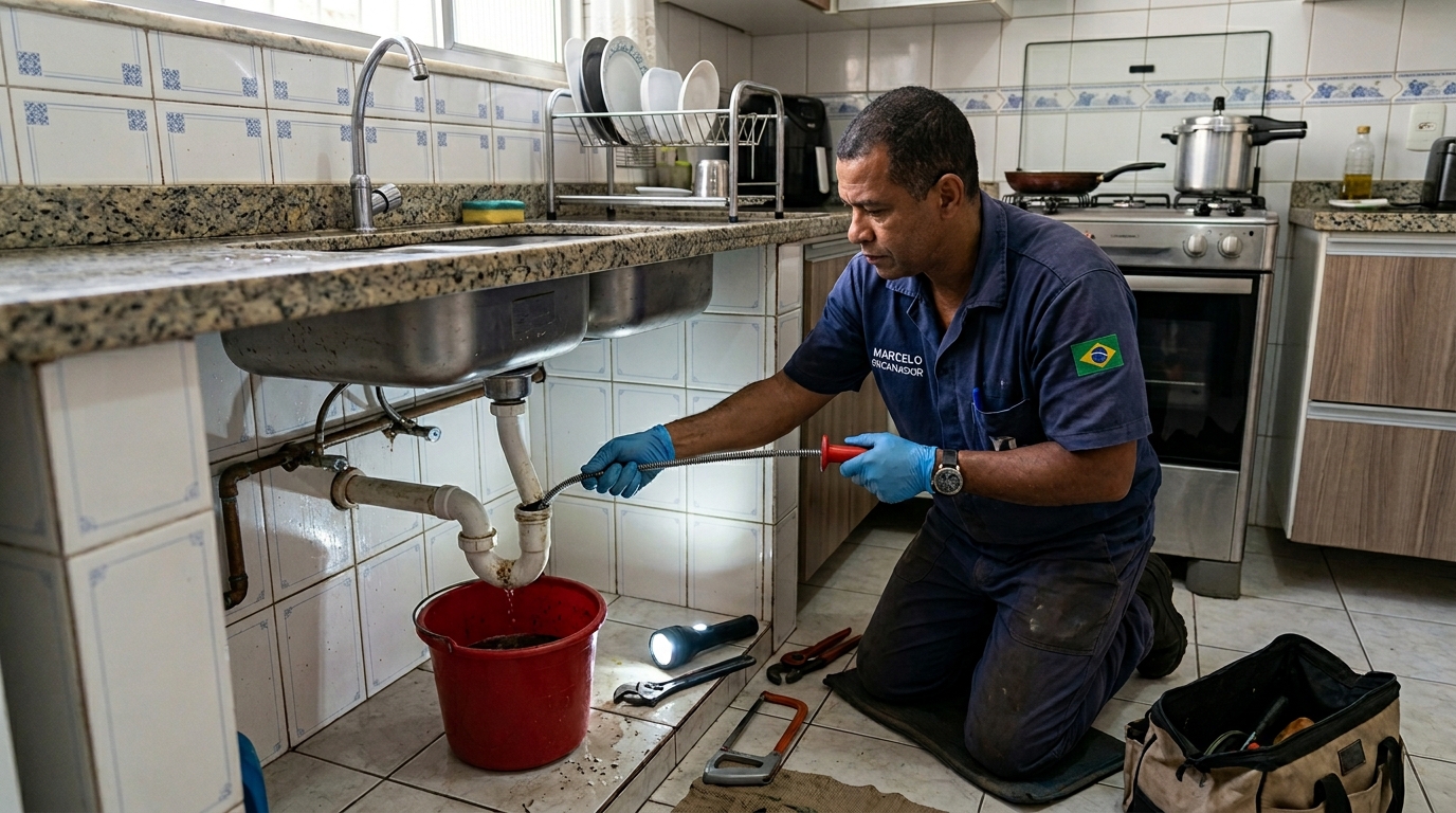 Desentupimento de canos com ferramenta no Jardim Marabá, Bauru‑SP