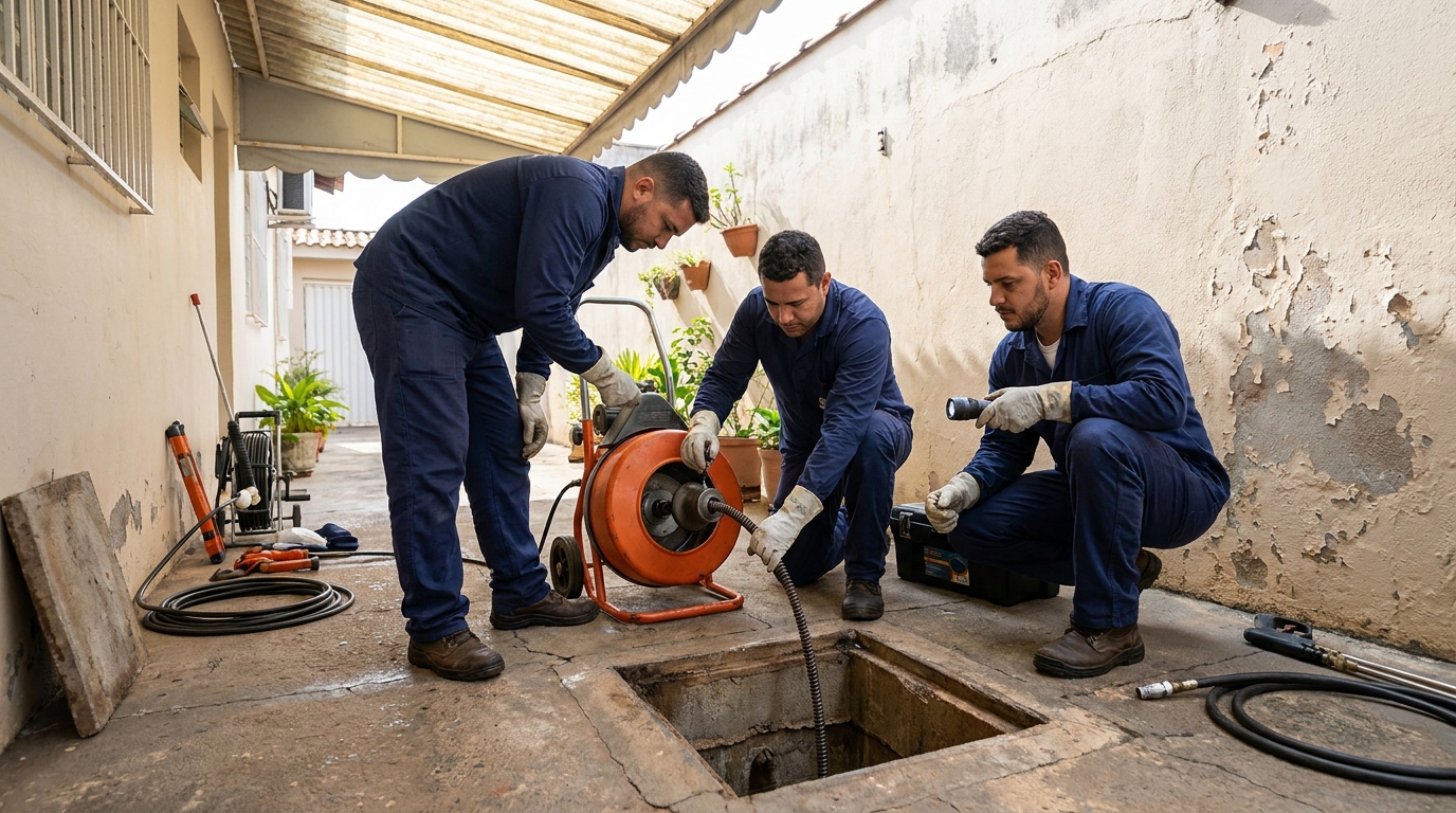 Desentupimento de esgoto com equipamento no Sessenta, Volta Redonda‑RJ