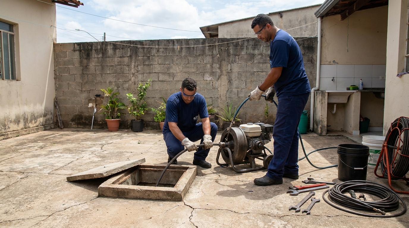 Desentupimento de esgoto residencial no Sessenta, Volta Redonda‑RJ