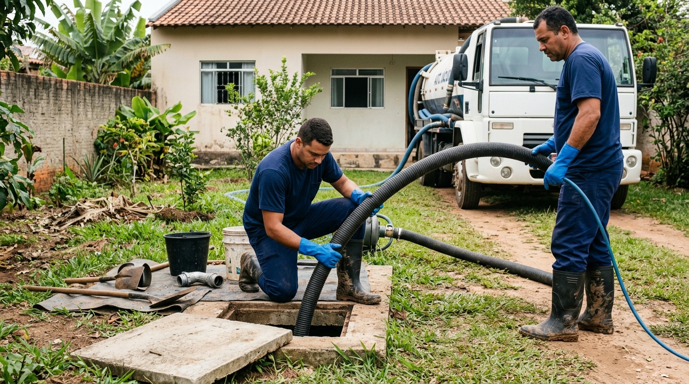 Desentupimento de fossa com equipamento na Cidade Jardim, Bauru‑SP