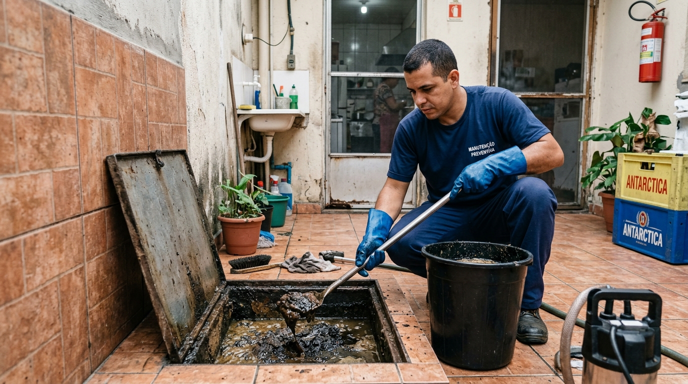 Limpeza de caixa de gordura com equipamento no Congos, Macapá‑AP
