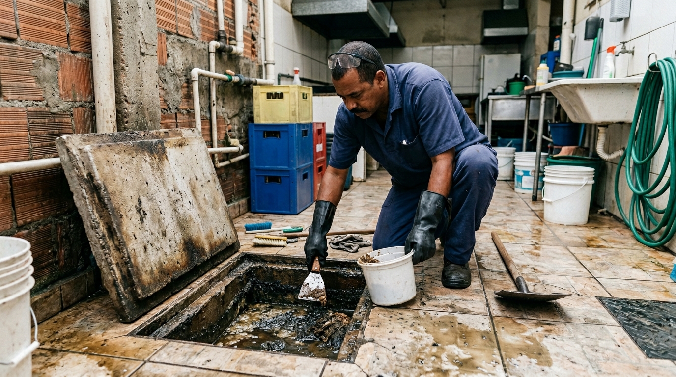 Limpeza de caixa de gordura na cozinha no Congos, Macapá‑AP